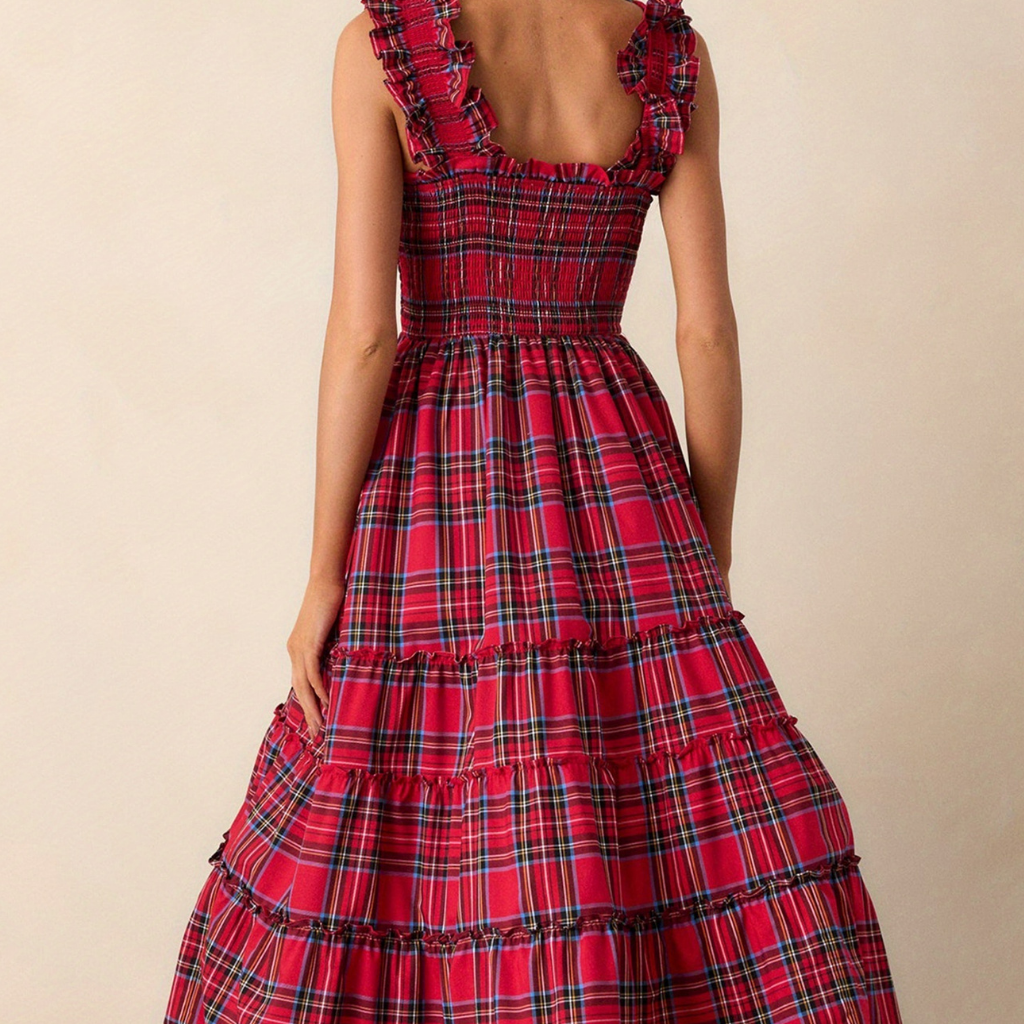 Damen Festliches Karokleid Elegantes Luftiges Midi