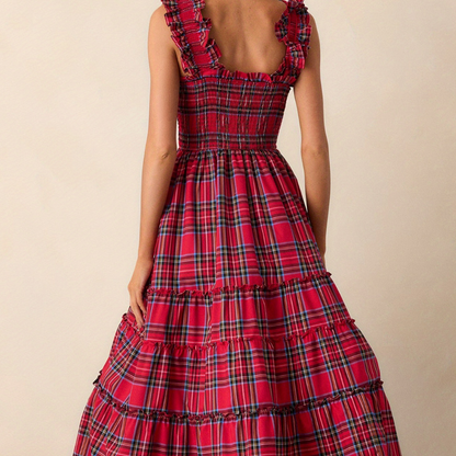 Damen Festliches Karokleid Elegantes Luftiges Midi