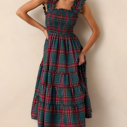 Damen Festliches Karokleid Elegantes Luftiges Midi