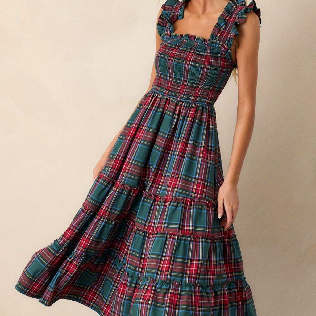 Damen Festliches Karokleid Elegantes Luftiges Midi