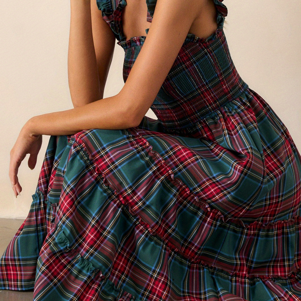 Damen Festliches Karokleid Elegantes Luftiges Midi