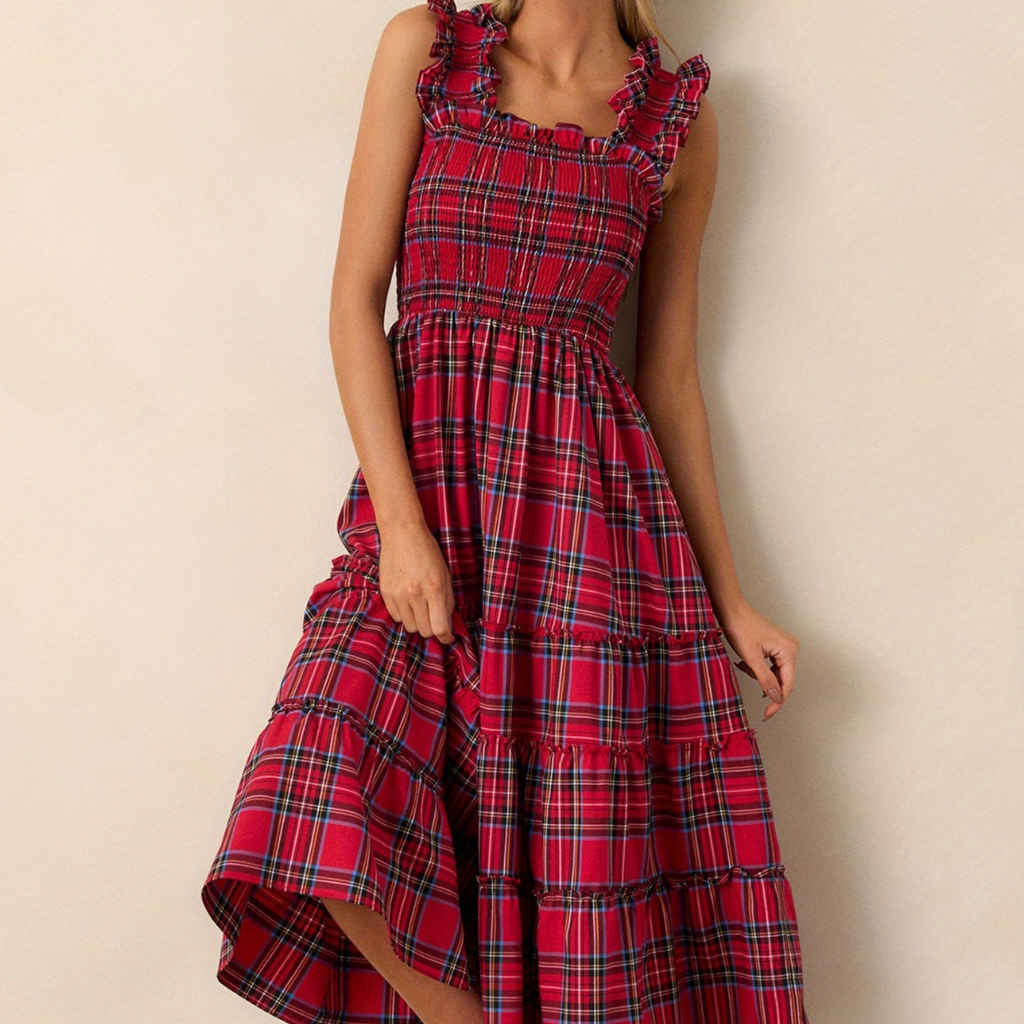 Damen Festliches Karokleid Elegantes Luftiges Midi