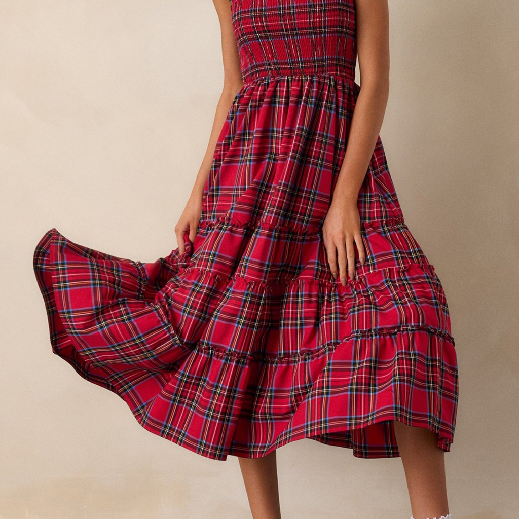 Damen Festliches Karokleid Elegantes Luftiges Midi