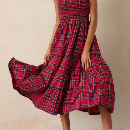 Damen Festliches Karokleid Elegantes Luftiges Midi