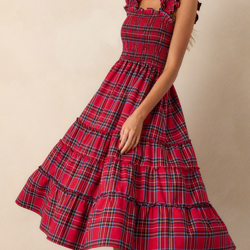 Damen Festliches Karokleid Elegantes Luftiges Midi