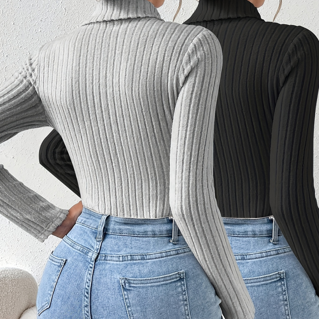 Damen gerippter Long Sleeve Jumpsuit Langarm Body Rollkragen