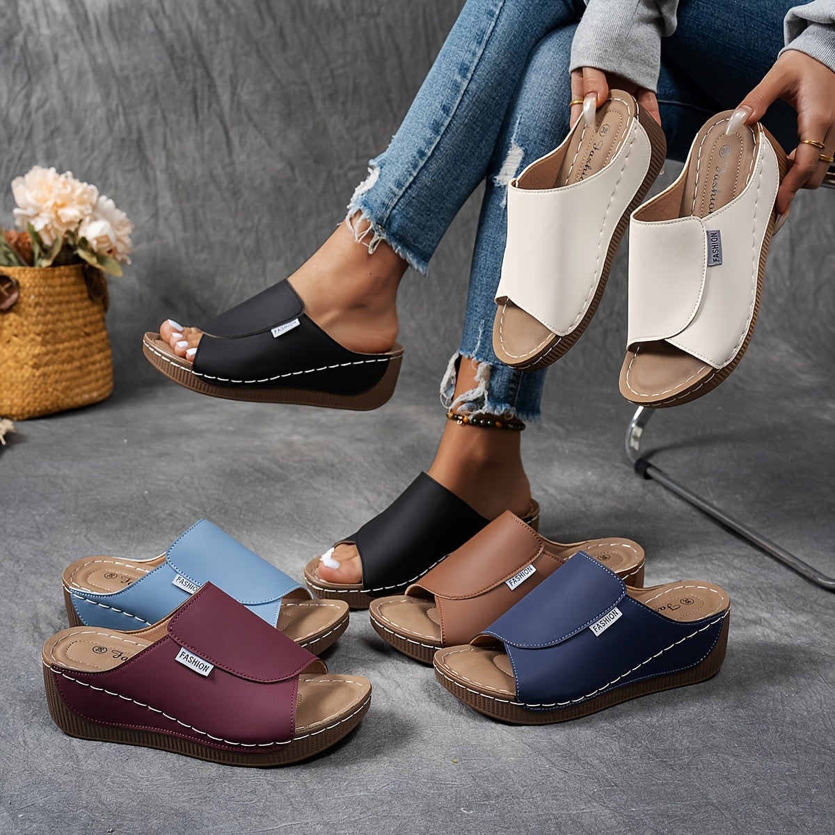 Sandali da donna con zeppa, slip-on, scarpe casual per tutti i giorni