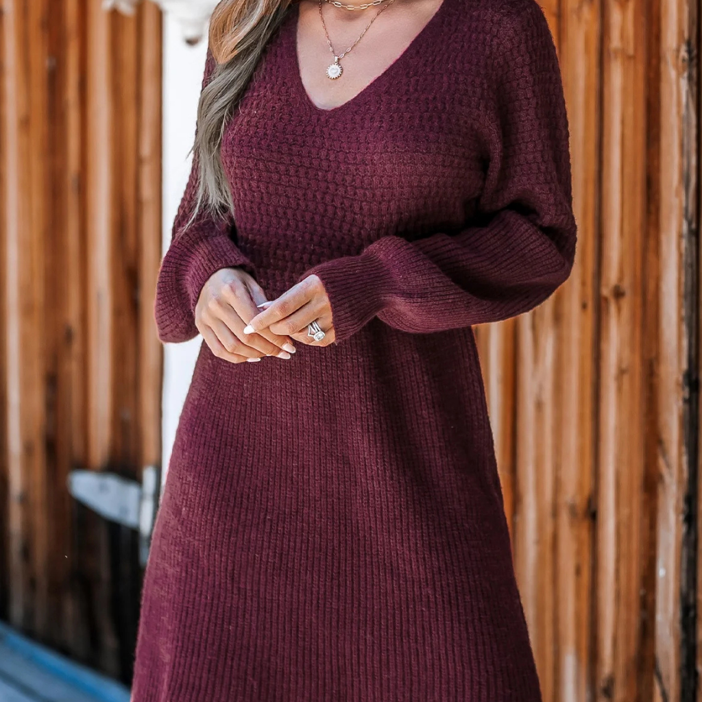 Damen Strick Winter Kleid Elegant Langarm Warm Midi