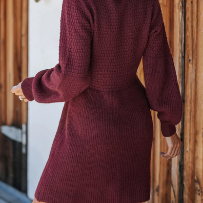 Damen Strick Winter Kleid Elegant Langarm Warm Midi