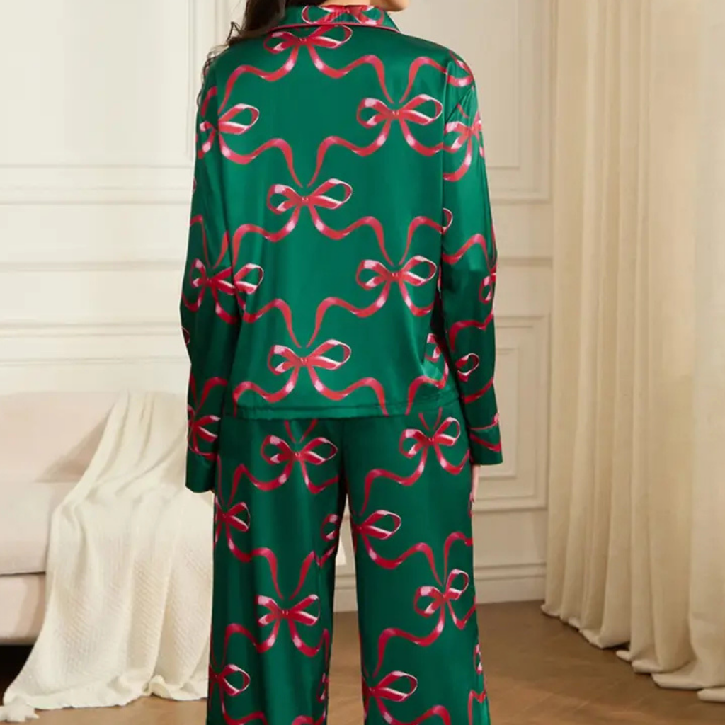 Damen Winter Weihnachts Loungewear Set Langarm Satin Pyjama