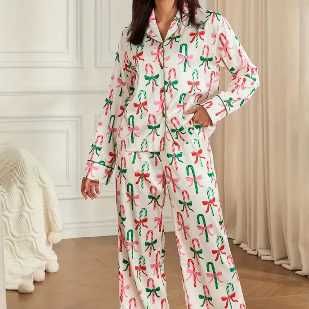 Damen Winter Weihnachts Loungewear Set Langarm Satin Pyjama