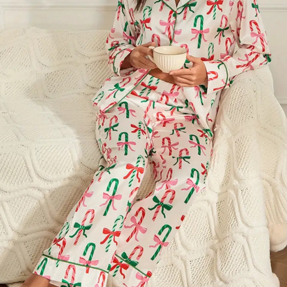 Damen Winter Weihnachts Loungewear Set Langarm Satin Pyjama