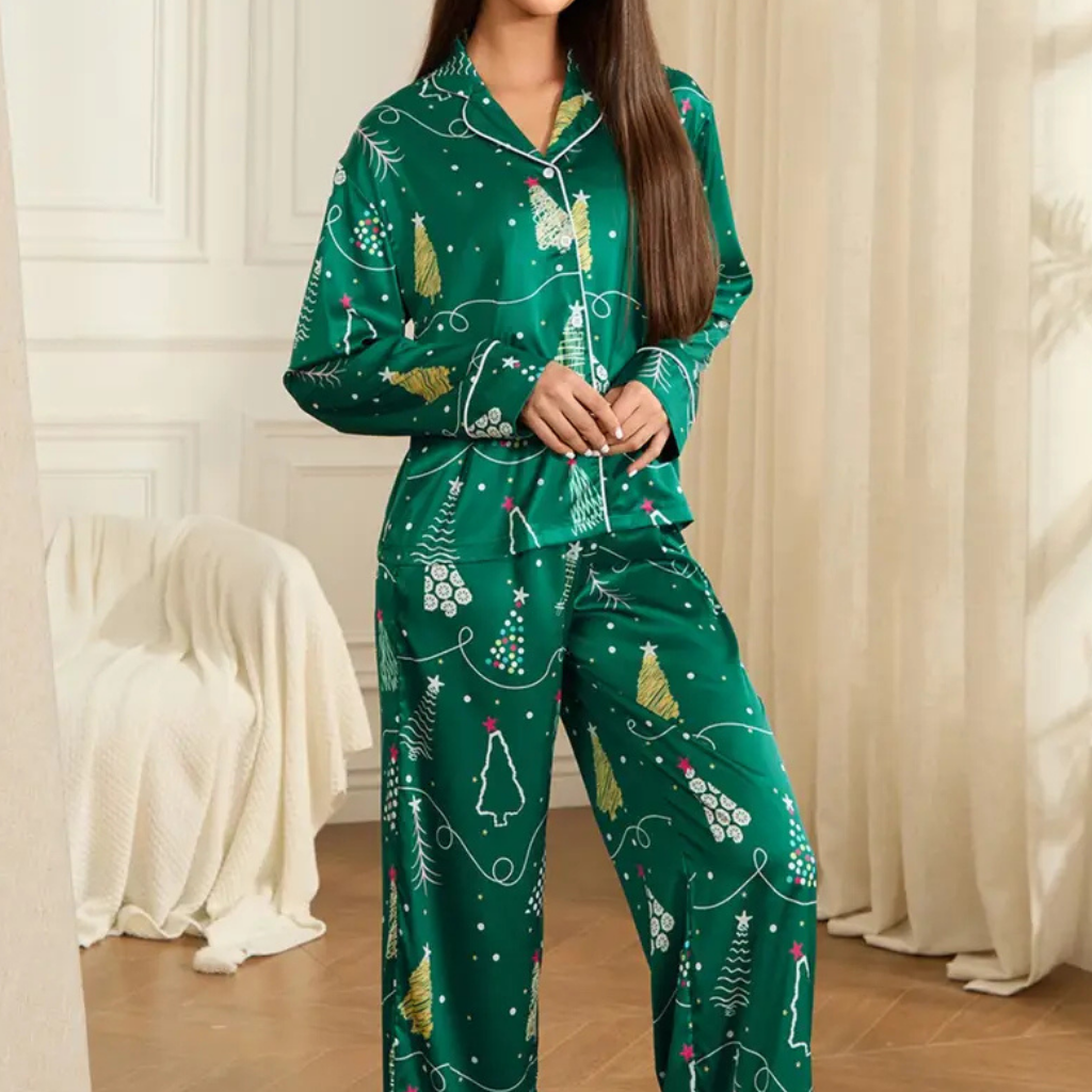 Damen Winter Weihnachts Loungewear Set Langarm Satin Pyjama