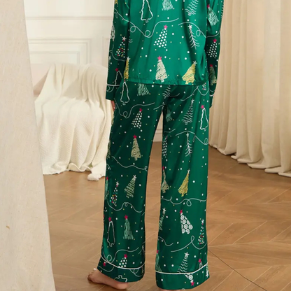 Damen Winter Weihnachts Loungewear Set Langarm Satin Pyjama