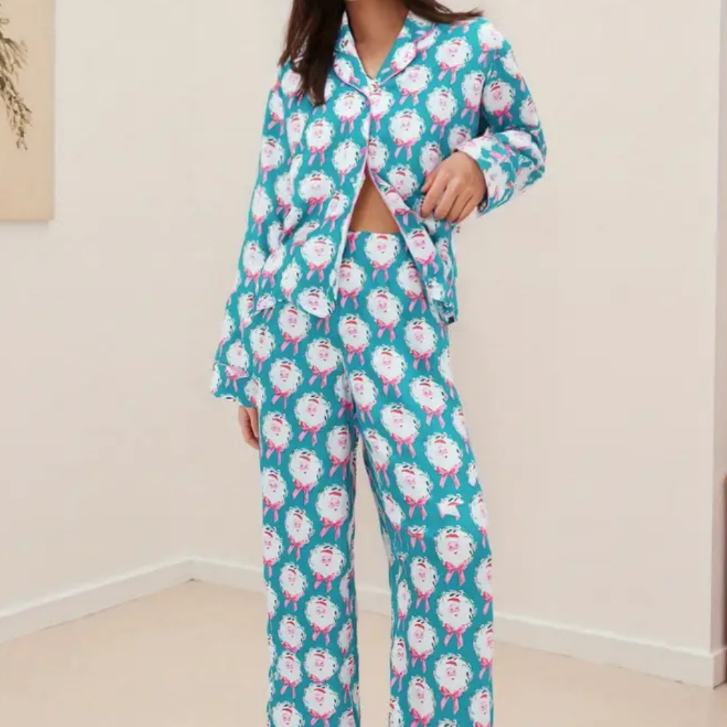 Damen Winter Weihnachts Loungewear Set Langarm Satin Pyjama