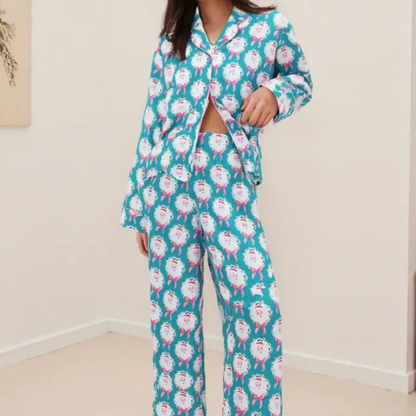 Damen Winter Weihnachts Loungewear Set Langarm Satin Pyjama