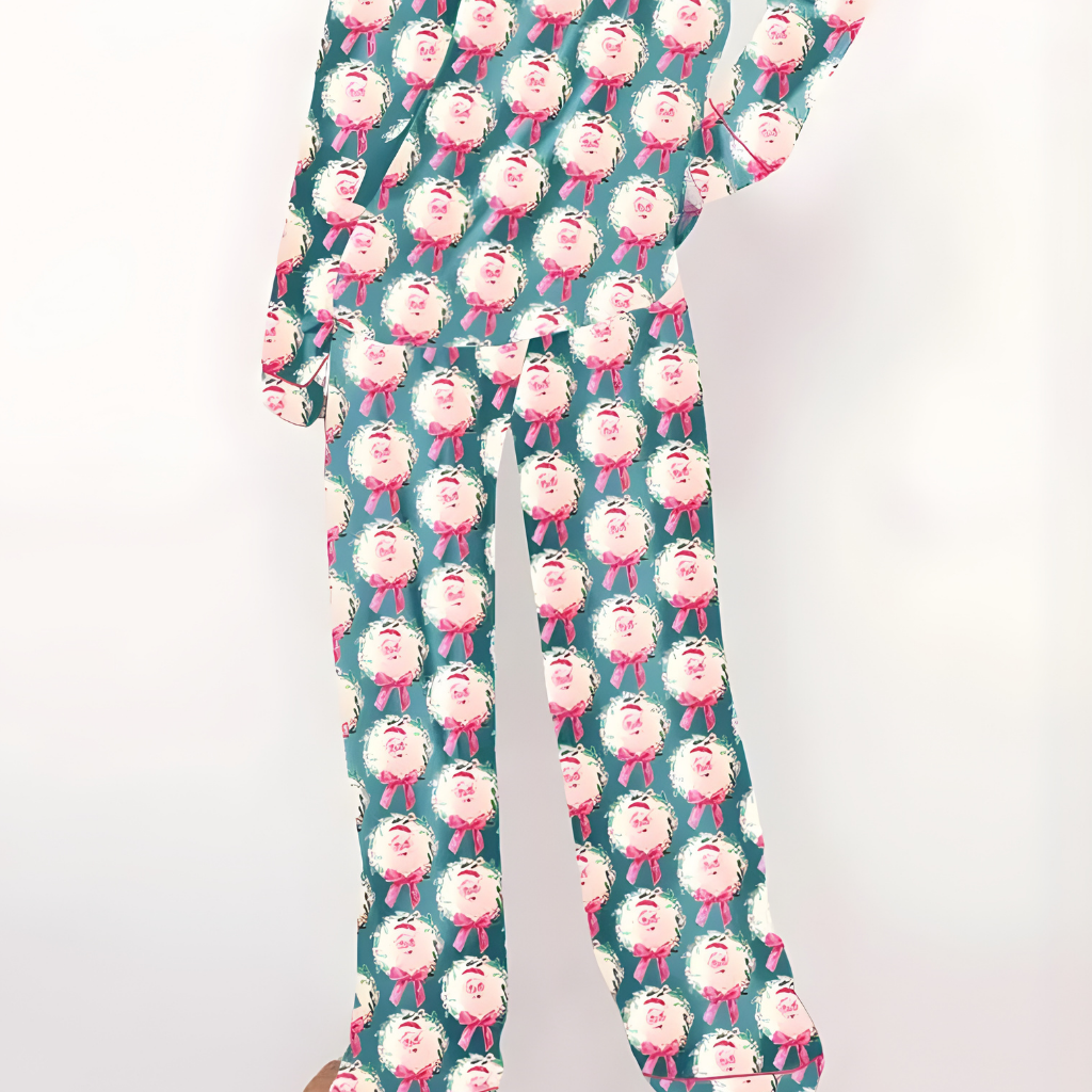 Damen Winter Weihnachts Loungewear Set Langarm Satin Pyjama