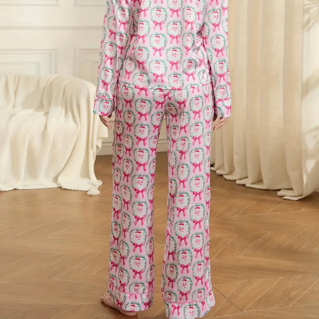 Damen Winter Weihnachts Loungewear Set Langarm Satin Pyjama
