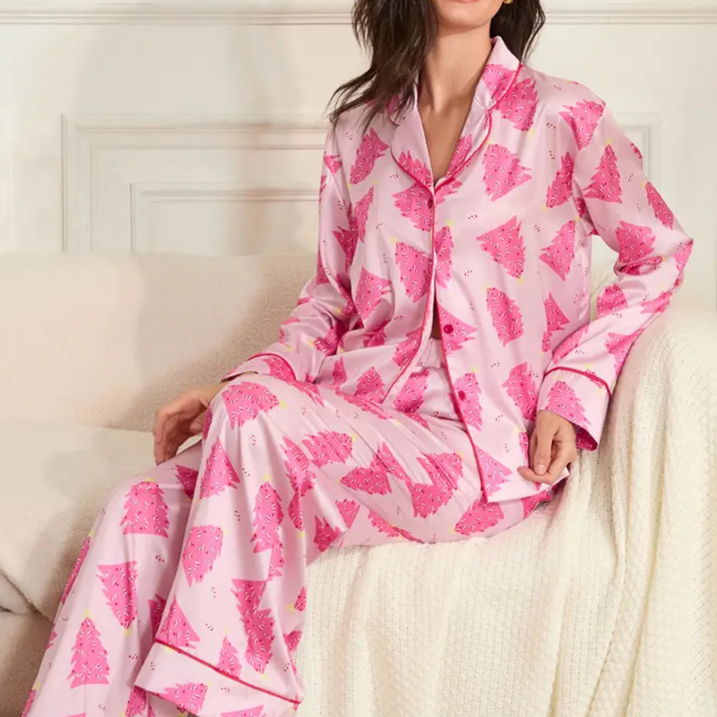 Damen Winter Weihnachts Loungewear Set Langarm Satin Pyjama