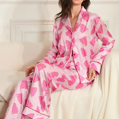 Damen Winter Weihnachts Loungewear Set Langarm Satin Pyjama