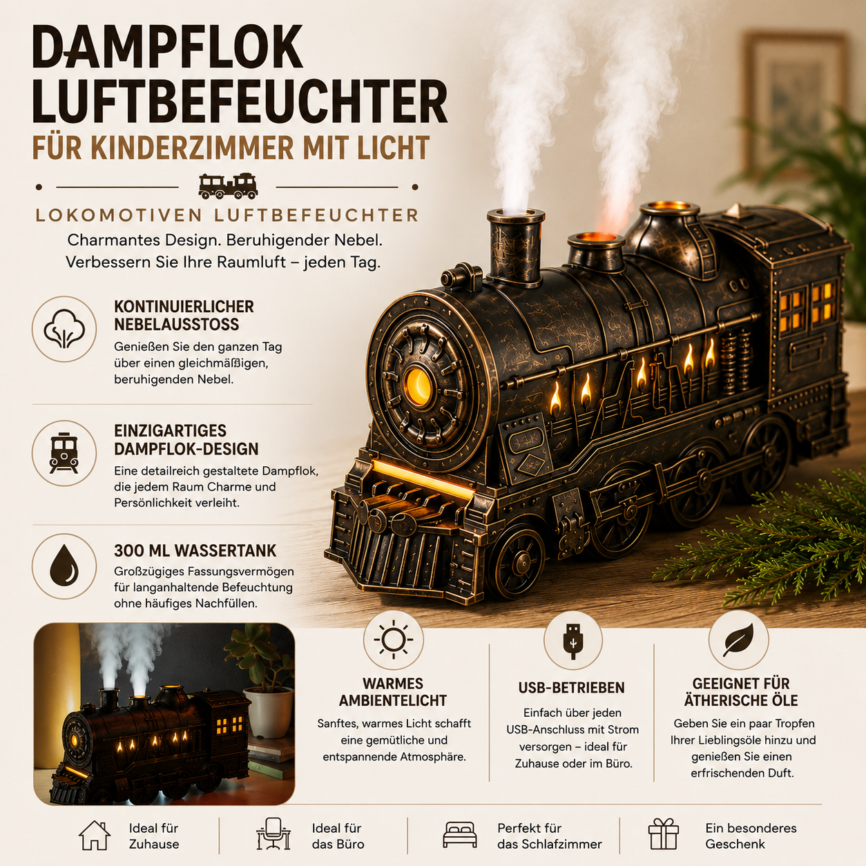 Dampflok Luftbefeuchter Für Kinderzimmer Licht