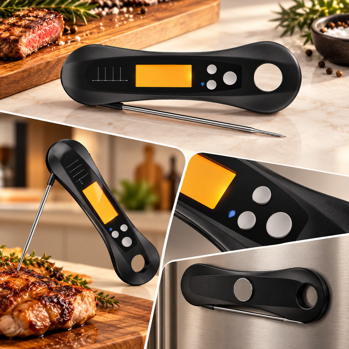 Digitaler Fleischthermometer Klappsonde Grill Timer Knopf