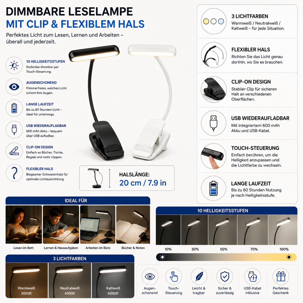 Dimmbare Leselampe Mit Clip Flexibler Hals Für Bett Schreibtisch