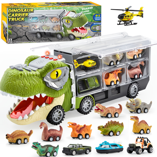 Dinosaur toy truck transporter set cars helicopter gift