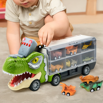 Dinosaur toy truck transporter set cars helicopter gift