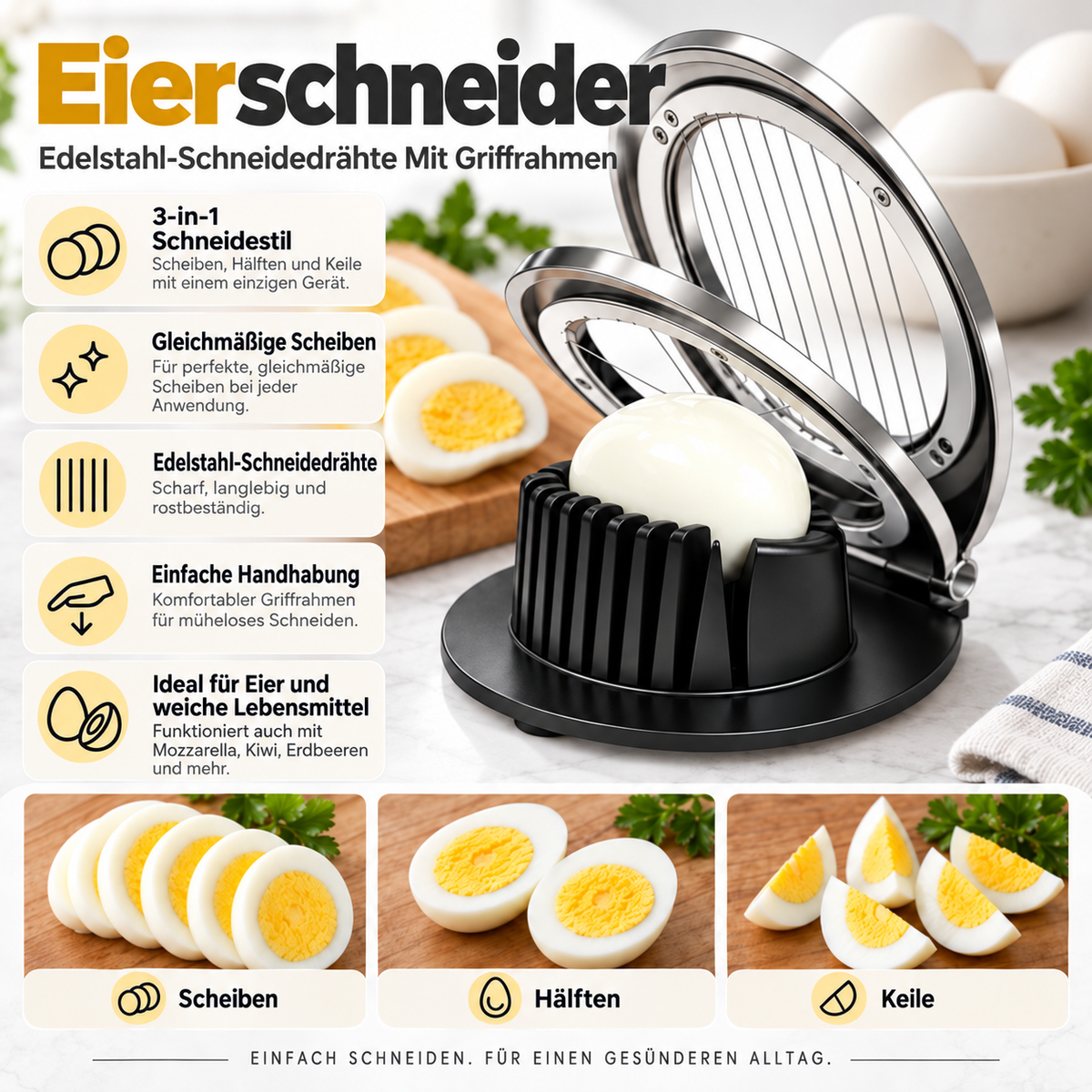 Eierschneider Mit Scharfen Drähten Gleichmäßige Scheiben