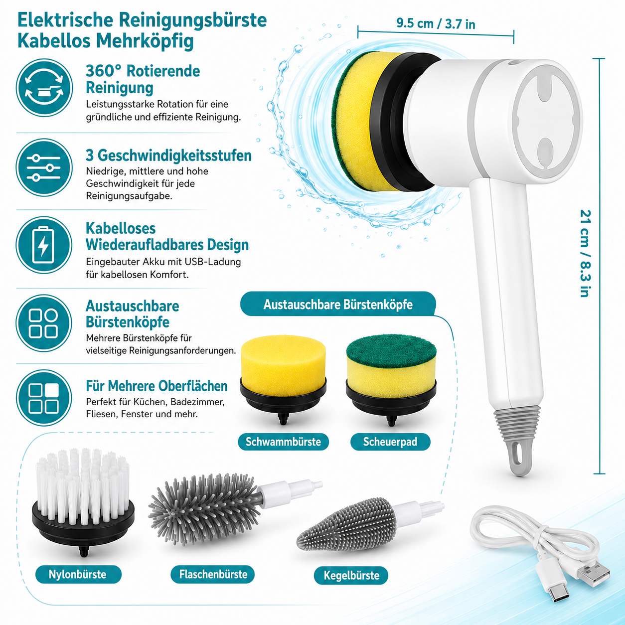 Elektrische Reinigungsbürste Kabellos Mehrköpfig