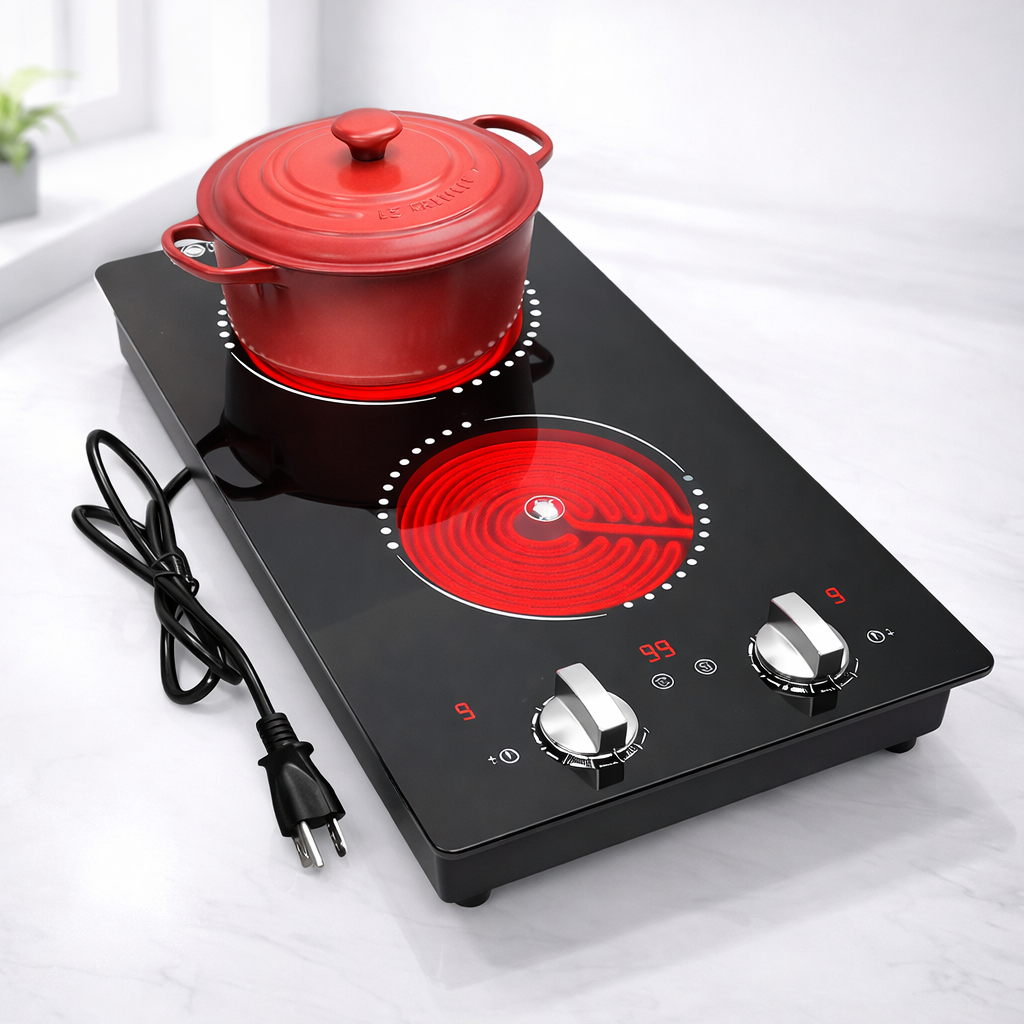 Plaque de Cuisson Électrique Double Portable Bouton Rotatif
