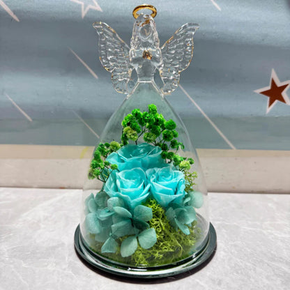 Angel Decorative Figurine Glass Dome Preserved Rose Gift Idea