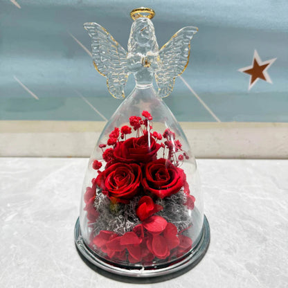 Angel Decorative Figurine Glass Dome Preserved Rose Gift Idea