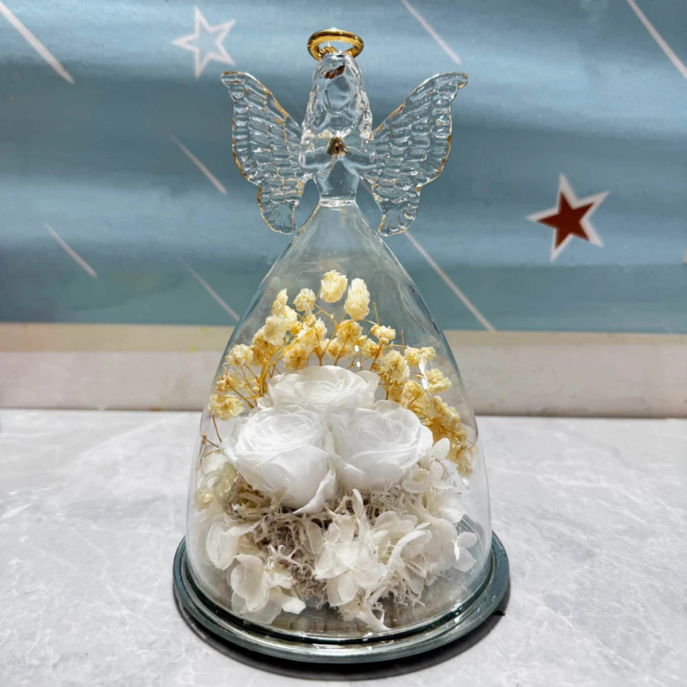 Angel Decorative Figurine Glass Dome Preserved Rose Gift Idea