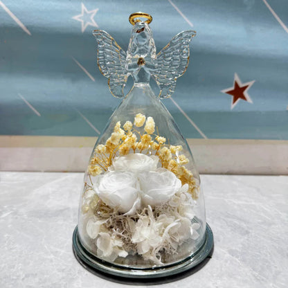 Angel Decorative Figurine Glass Dome Preserved Rose Gift Idea