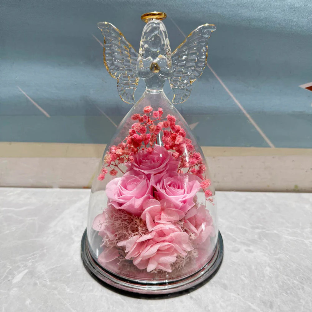 Angel Decorative Figurine Glass Dome Preserved Rose Gift Idea
