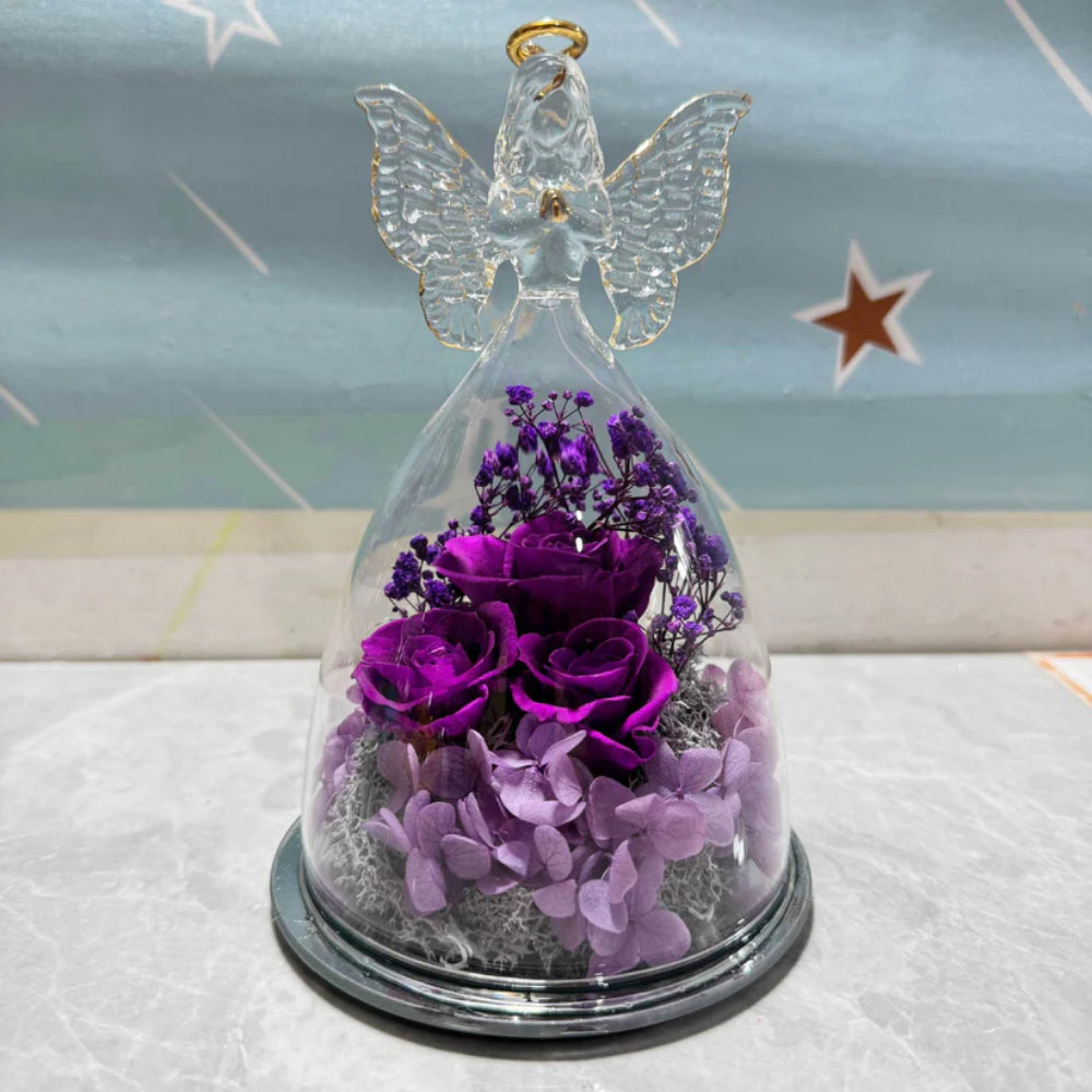 Angel Decorative Figurine Glass Dome Preserved Rose Gift Idea