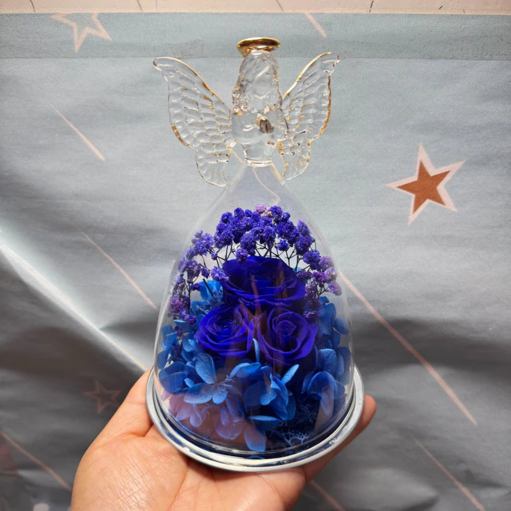 Angel Decorative Figurine Glass Dome Preserved Rose Gift Idea