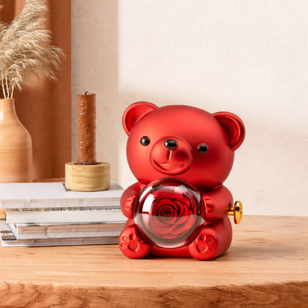 Geschenk Teddybär Konservierte Rose Schmuck Überraschung