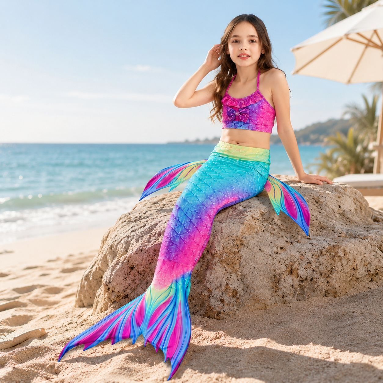 Maillot de bain sirène enfant costume de bain trois pièces fille