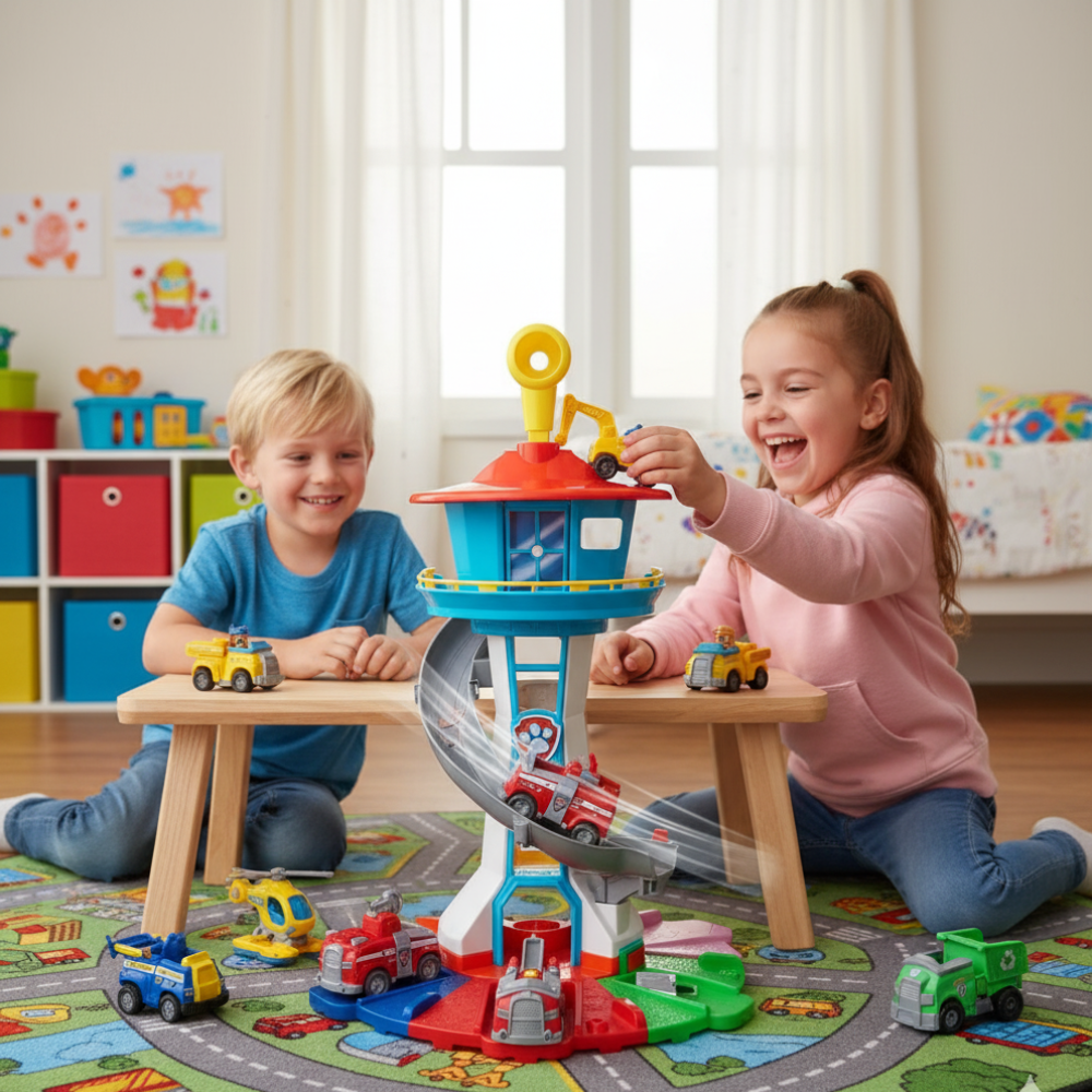 Large children's play tower with slide and plastic vehicles