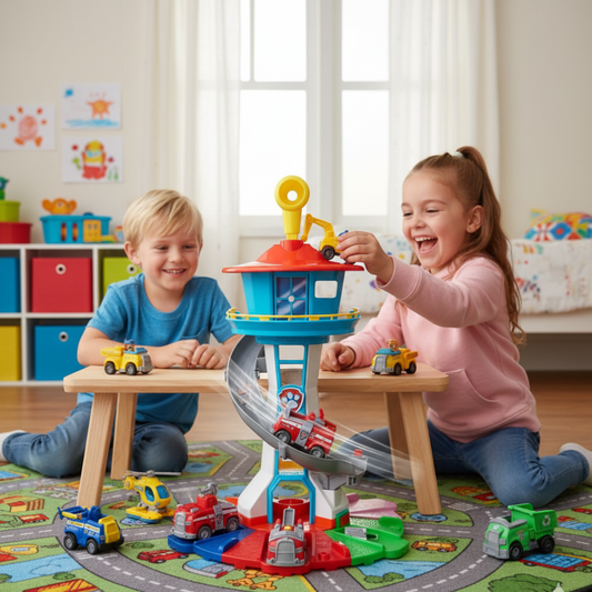 Large children's play tower with slide and plastic vehicles