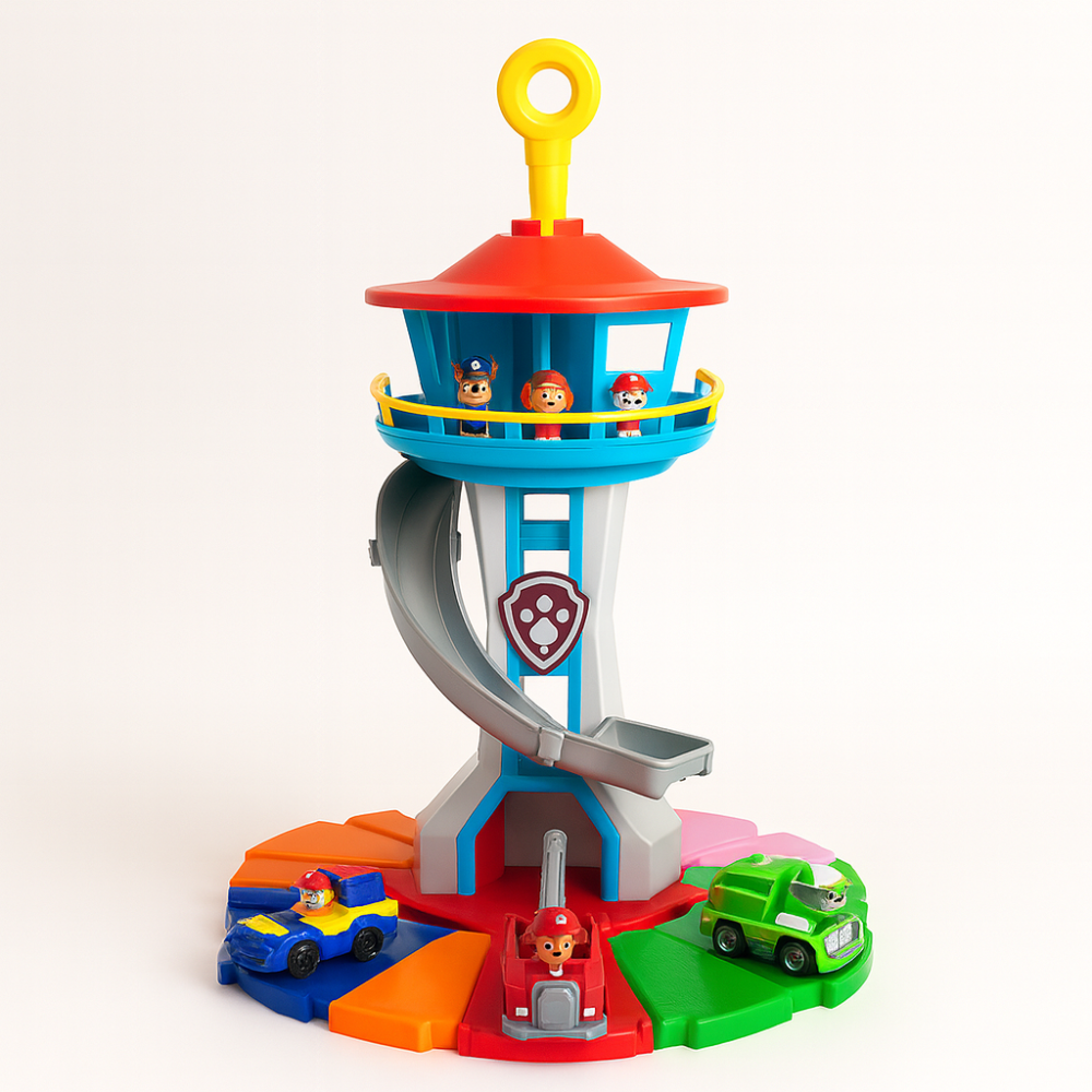 Large children's play tower with slide and plastic vehicles