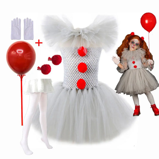Kinder Clown Kostüm Kleid mit Tüllrock Halloween Verkleidung für Mädchen