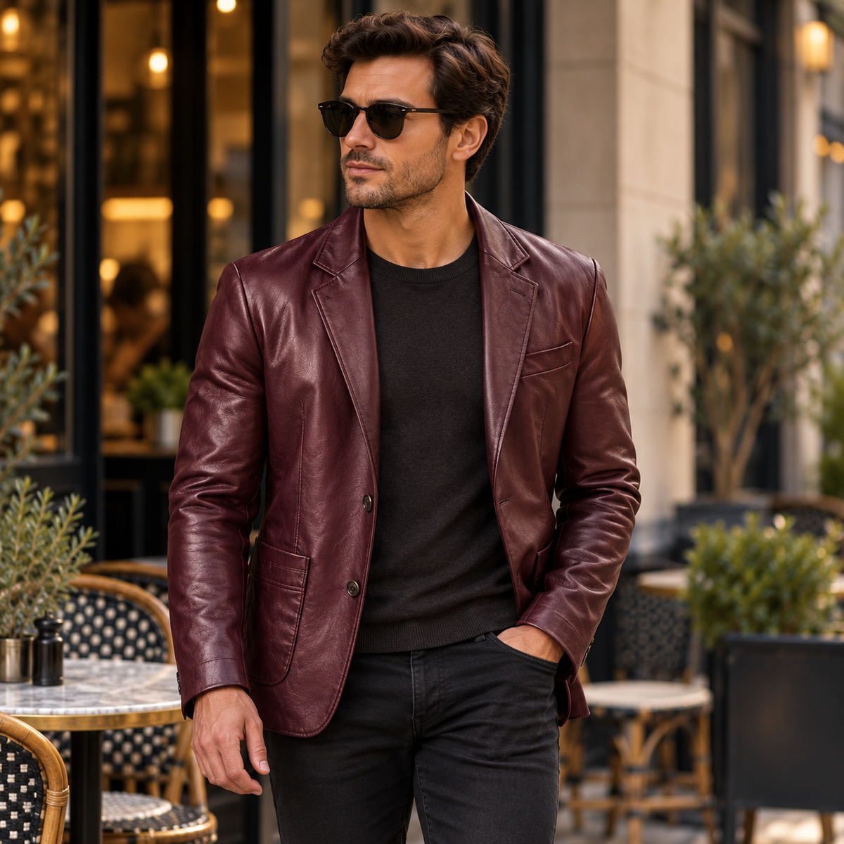 Herren Für Business Schwarzer Lederblazer Für Freizeit