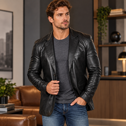 Herren Für Business Schwarzer Lederblazer Für Freizeit