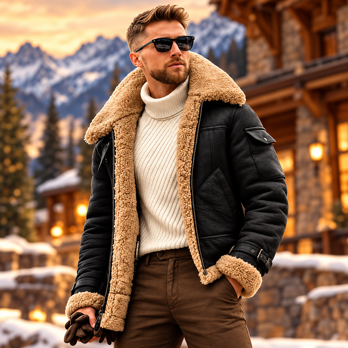Herren Gefütterte Lammfelljacke Bomberjacke Stylische