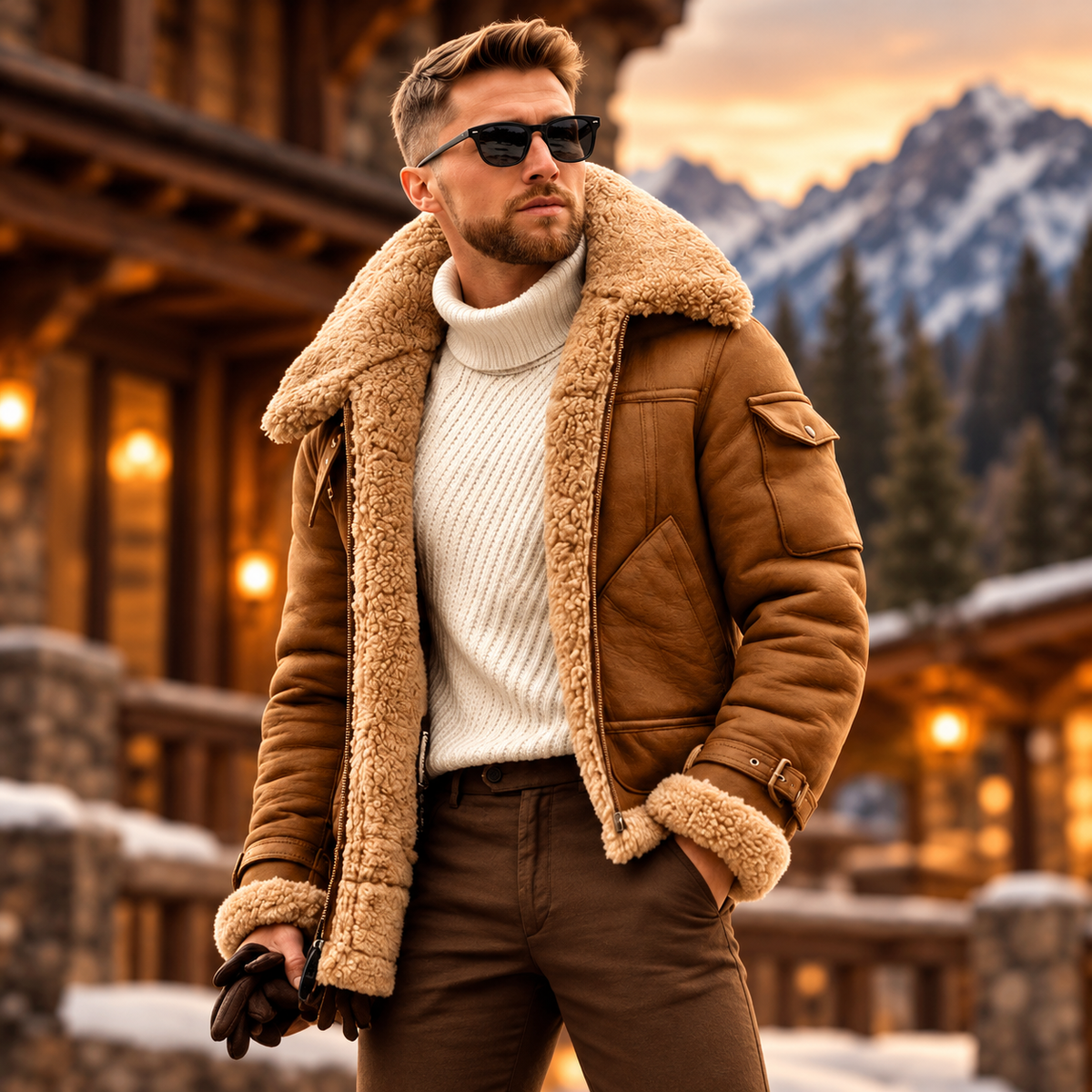 Herren Gefütterte Lammfelljacke Bomberjacke Stylische