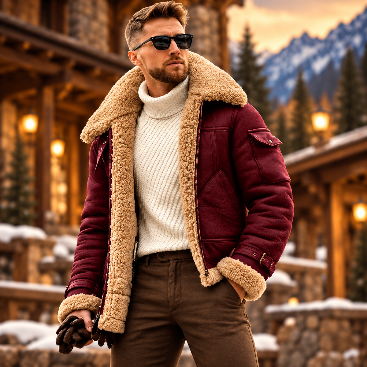 Herren Gefütterte Lammfelljacke Bomberjacke Stylische